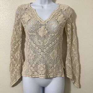 Y2K Festival Bohemian Boho Hippie Fairycore Lagenlook Sheer Cream Crochet Top S